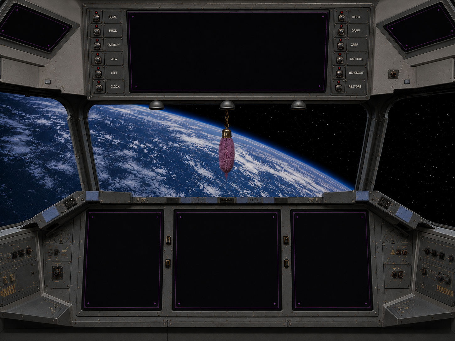 YEOMANAUGHT cockpit with panoramic Earth window and dark instrument screens