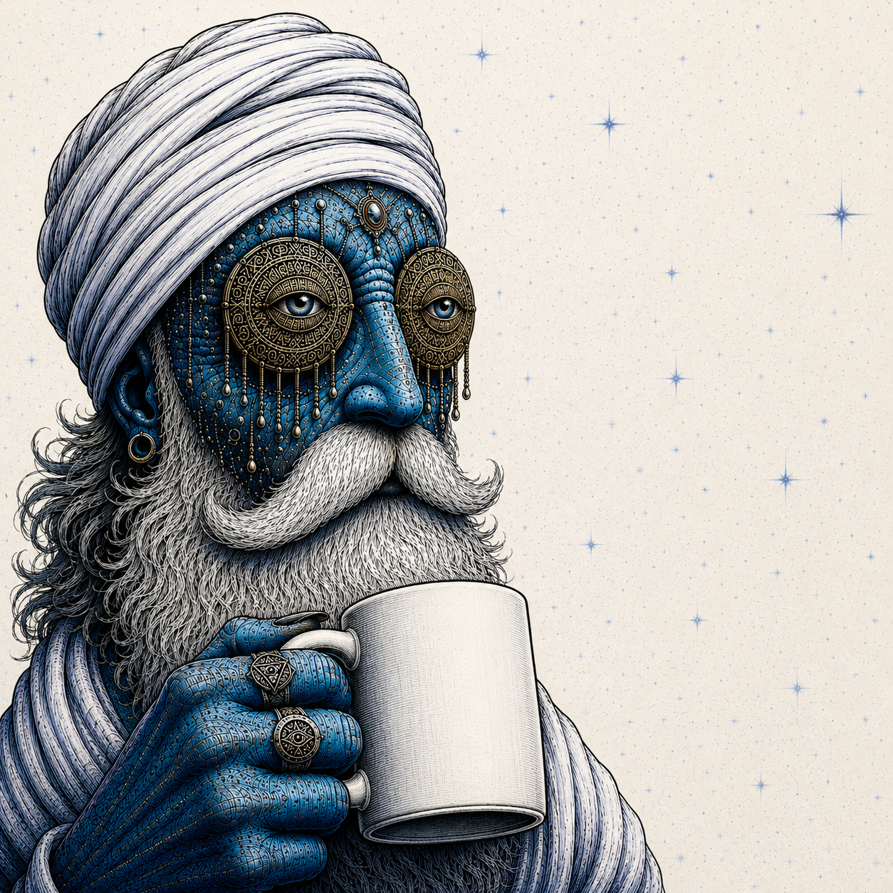 Gem Eyes holding a coffee mug and gazing into a field of faint blue stars