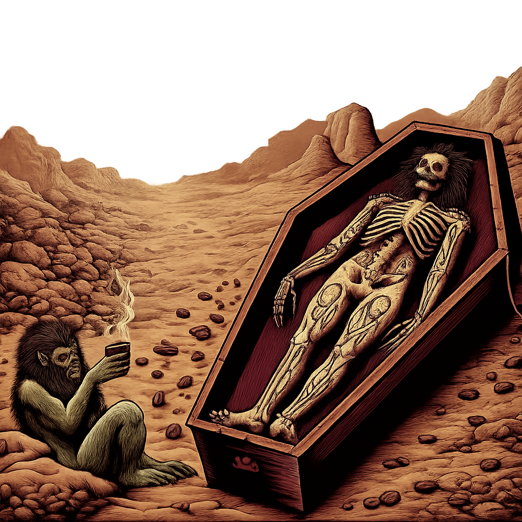A tattooed skeleton resting in a coffin beside a small green figure drinking coffee