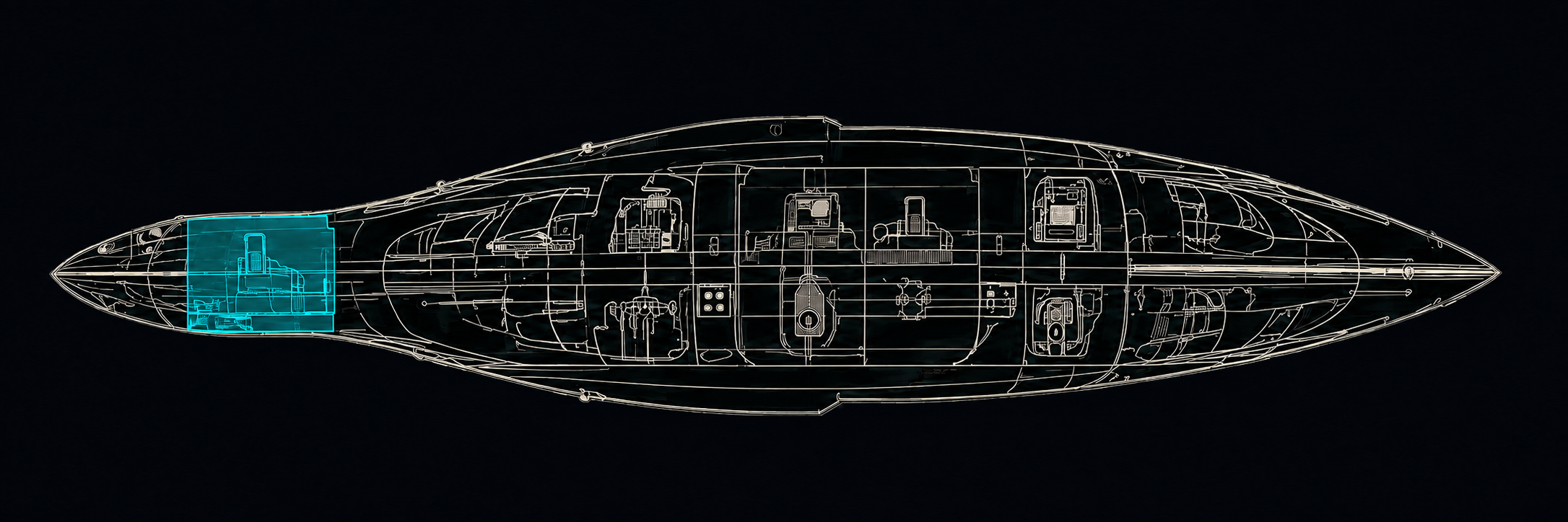 YEOMANAUGHT side-view engineering cutaway with the forward Flight Deck illuminated